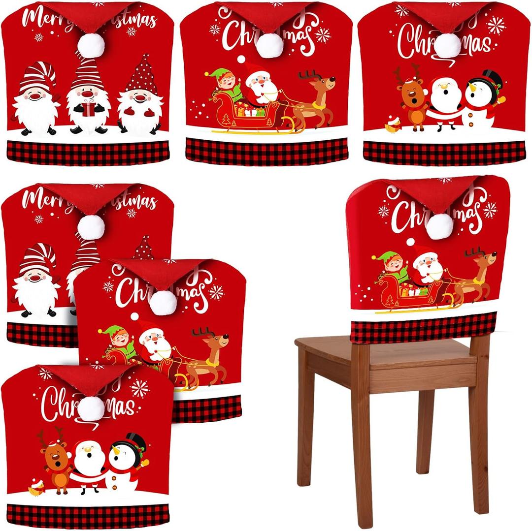 Ganeen 6 Pcs Christmas Chair Cover Buffalo Plaid Dining Chair Santa Claus Hat Shoes Felt Slipcovers Merry Christmas Back Covers for Banquet Kitchen Holiday Party Decoration(Stylish Style)