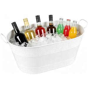 1 Pack 4 Gallon Galvanized Ice Bucket, Large Galvanized Beverage Tub Ice Bucket for Parties, Thick Metal Beverage Buckets with Handles, Oval Drink Buckets for Parties Indoor or Outdoor (White)