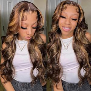 LEOSA Highlighted 13x4 HD Transparent Lace Front Wigs Body Wave Honey Blonde Pre Plucked Lace Front Wig for Black Women Blonde Highlight Wavy Frontal Wig 4H27 Natural Looking Long Haired Wig