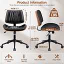 Ergonomic Armless Office Desk Chair - Mid-Century Modern Black Faux Leather with Diamond Stitch, Adjustable Height Swivel Rolling Task Computer Chair with Walnut Accent for Home Office, Study & Work, 1 Pack