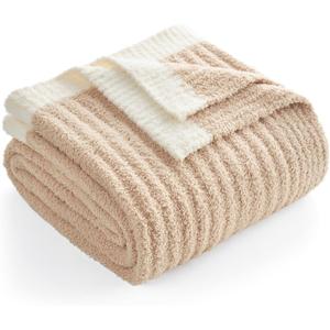 Snuggle Sac Soft Ribbed Beige Throw Blanket for Couch, Luxurious Fluffy Cozy Knit Throws for All Season, Reversible Warm Microfiber Netural Blankets for Couch, Sofa, Travel, Beige, 50x60 inches