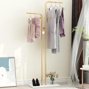 TIEOU Double-pole Metal Coat Rack, Gold Coat Rack Freestanding with 5 Hooks and Marble Base, Gold Clothing Rack, Modern Coat Hanger Stand for Entryway, Living Room, Bedroom