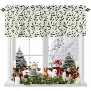 Valances for Windows Winter Christmas Holly Berry Plants Leaves Kitchen Curtains Valances Rod Pocket Small Window Treatments Valance Curtains for Living Room Bedroom Bathroom, 42x12 Inch (Green Red)