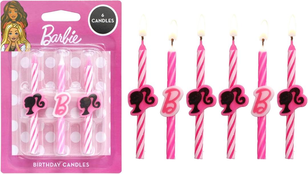 2 x Barbie Birthday Cake Candles | 6 Birthday Candles for Cake Decorations, Pink Stripe Candles, Cake Toppers for Barbie Party