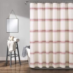 Lush Decor Farmhouse Stripe Cotton Shower Curtain, 72" W x 72" L, Red - Striped Bathroom Curtain - Fabric Shower Curtains - Farmhouse Bathroom Decor