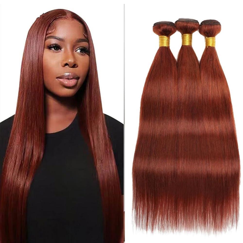 Auburn Bundles Human Hair Color 33 Straight Bundles 22 24 26 Inch Huxowax Brazilian Virgin Remy Hair Extensions Double Weft Soft and Silky Copper Brown Straight Bundle Hair Weave 300g