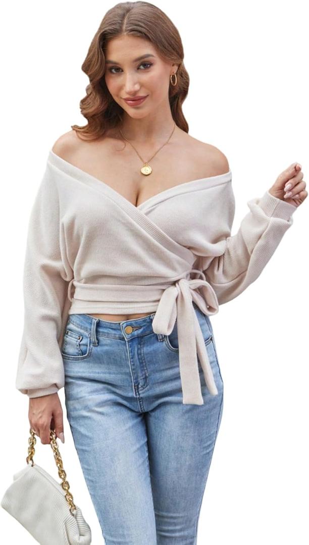 SweatyRocks Women's Wrap Off Shoulder V Neck Sweater Sexy Crop Cinched Waist Long Sleeve Knit Sweaters Top (Large, Beige)