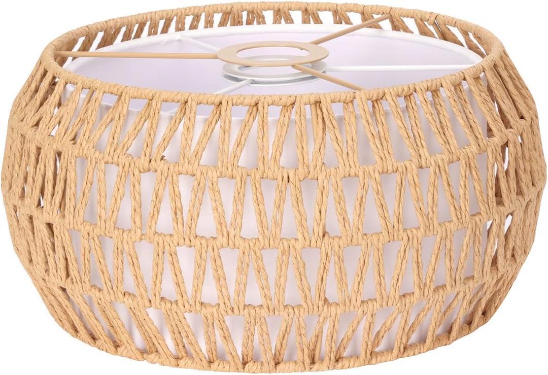 Boho Rattan Lamp Shade, 12.2" Top x 12.2" Bottom x 6.06" High, Natural Rattan & Linen Double Layer Lamp Shades for Floor Lamps Table Lamps Chandelier, UNO Fitter Lampshade Replacement, Easy Assembly