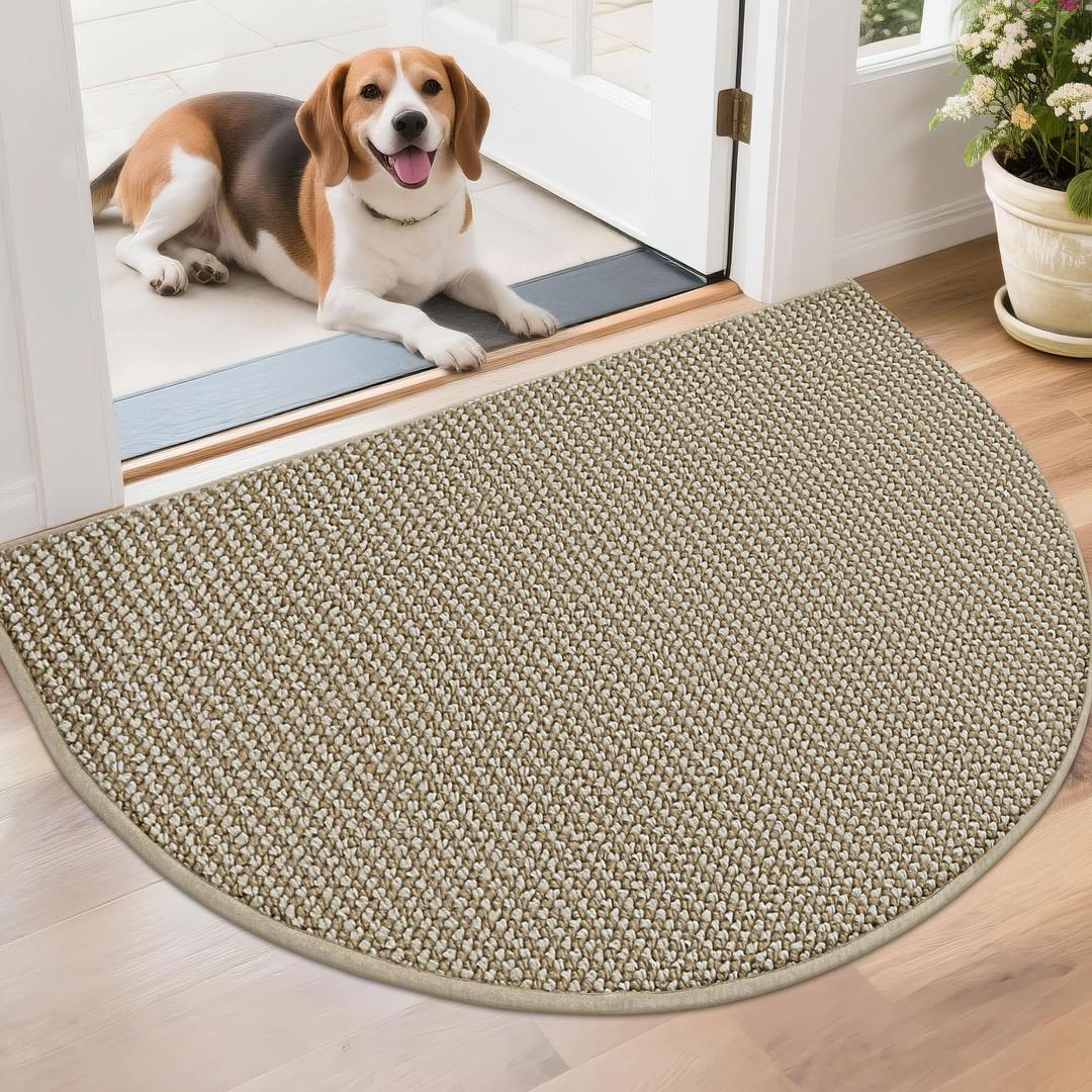 BEQHAUSE Dirt Trapper Door Mat 17" x 30" Half Circle Non-Slip Washable Doormats Entrance Rugs Absorbent Welcome Low Profile Floor Mats for Front Back Door and Entryway, Light Beige