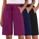 Evervibe 3 Pack Women's Bermuda Shorts Summer Drawstring Elastic Waisted Comfy Casual Sweat Long Shorts (X-Large, Black, Navy Blue, Fuchsia)