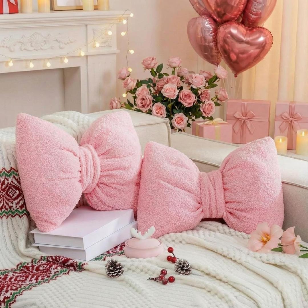 Beeveer 2 Pcs Valentine Pink Bow Pillows Decorative 15.35 x 11.4 Fluffy Cute Bow Throw Pillows Aesthetic Pink Valentine Decor for Couch Bed Bedroom Coquette Room Decor
