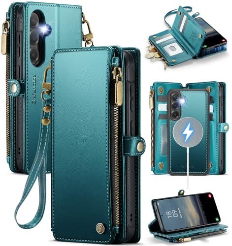Defencase for Galaxy S24 Magnetic Wallet Case Compatible with Magsafe with RFID Blocking Zipper & Card Holder for Women Men, PU Leather Detachable Phone Case for Samsung Galaxy S24 5G 6.2", Blue Green