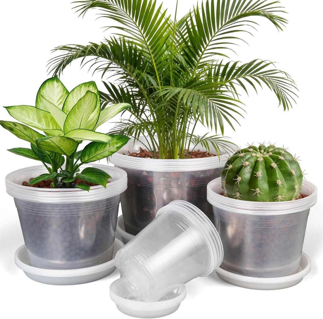 4/6/8/10 Inch Clear Nursery Pots with Drainage and Saucers, 24 Pack Clear Plant Pots, Variety Size Plastic Orchid Flower Pot for Indoor Outdoor