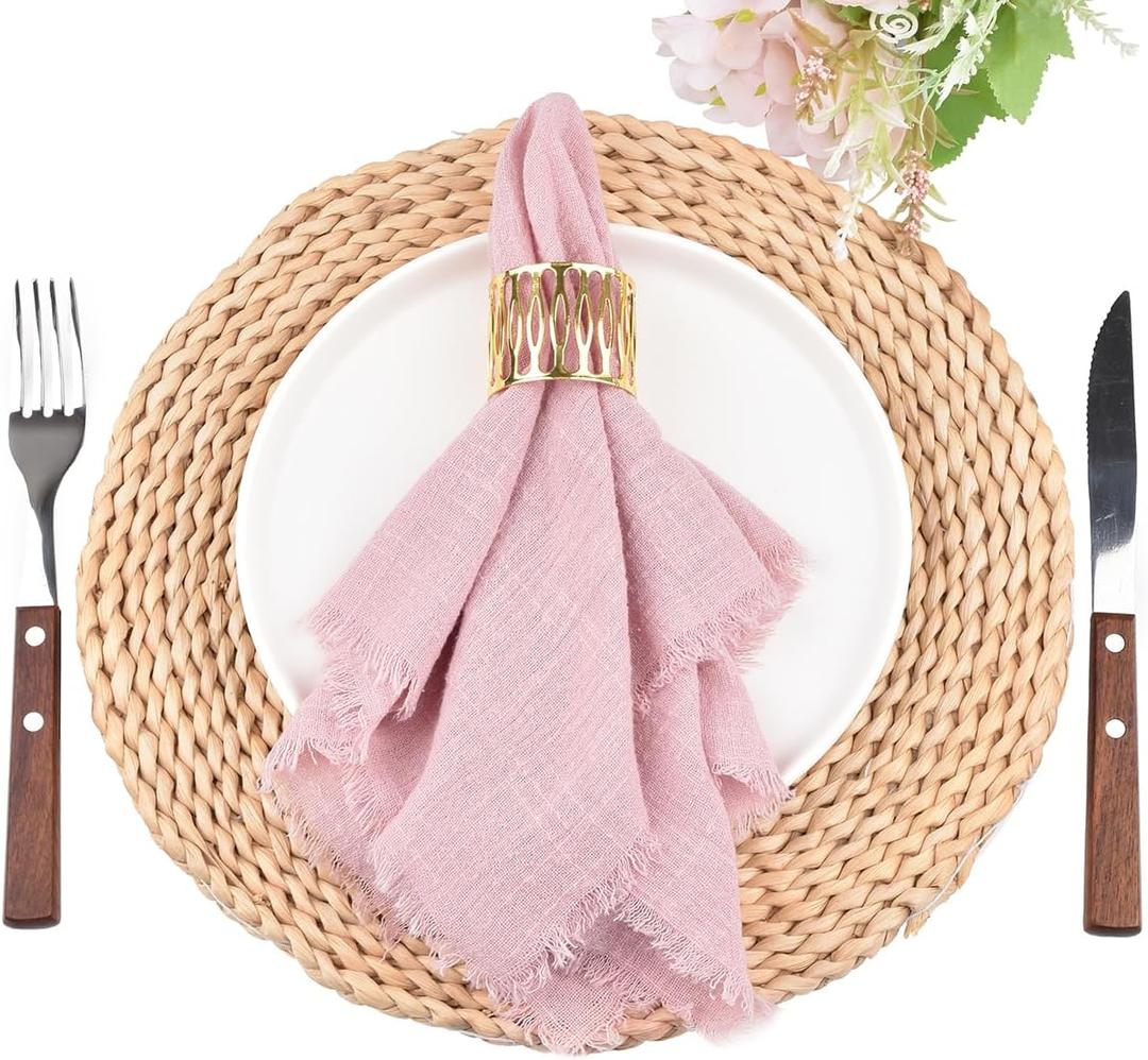 3 x Fall Thanksgiving Rustic Cloth Napkins 16.5x16.5 Inches Handmade Cotton Linen Napkins with Fringe Boho Washable Dinner Napkins in Bulk for Wedding Party Table Decor Set of 4 Dusty Rose