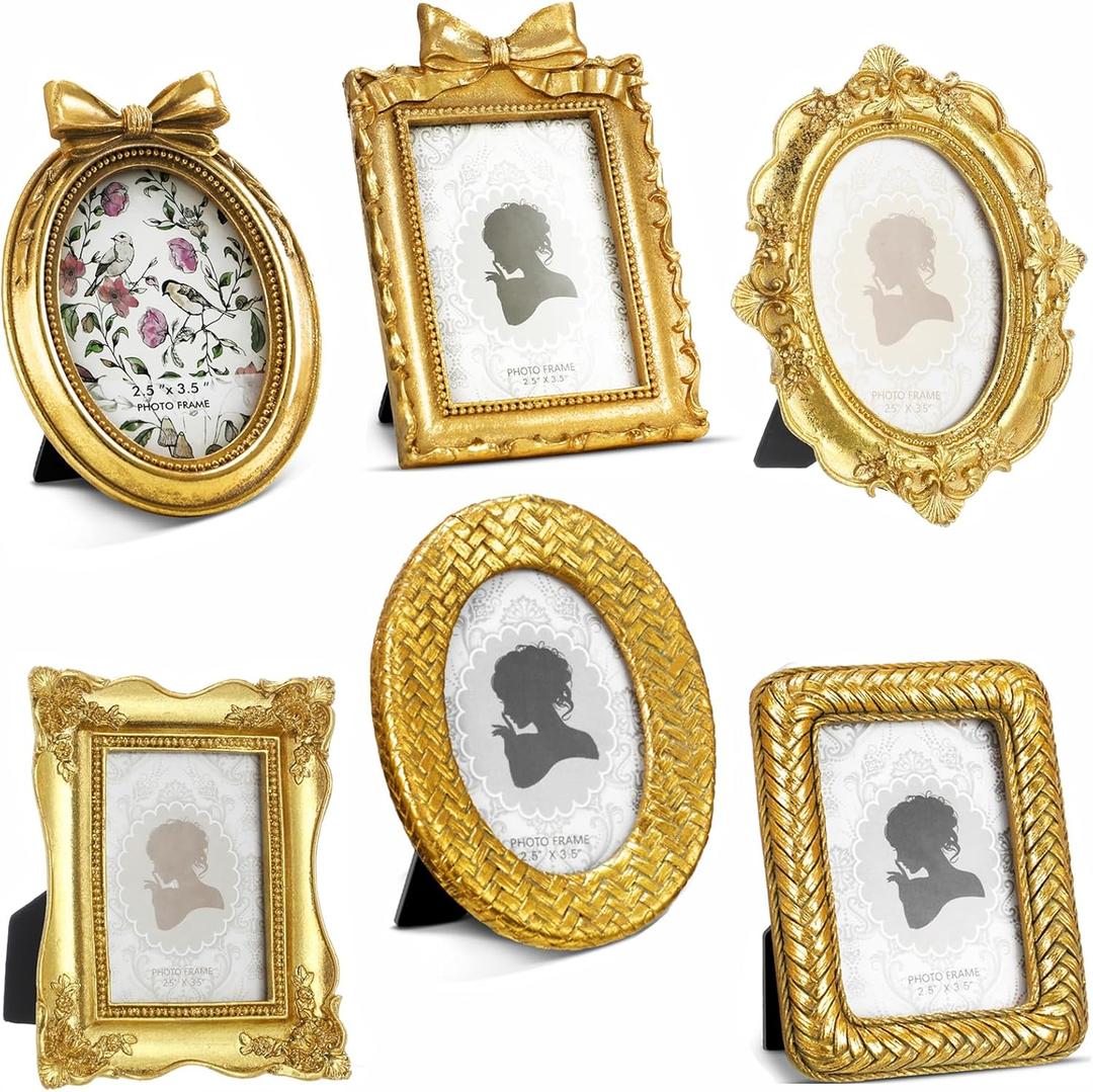Vicenpal 6 Pcs Tiny Picture Frame Small Picture Frames Oval Frames Gold Vintage Baroque Ornate Antique Frames Resin Oval Frame Table Display Frame for Home Wedding(Elegant Style)