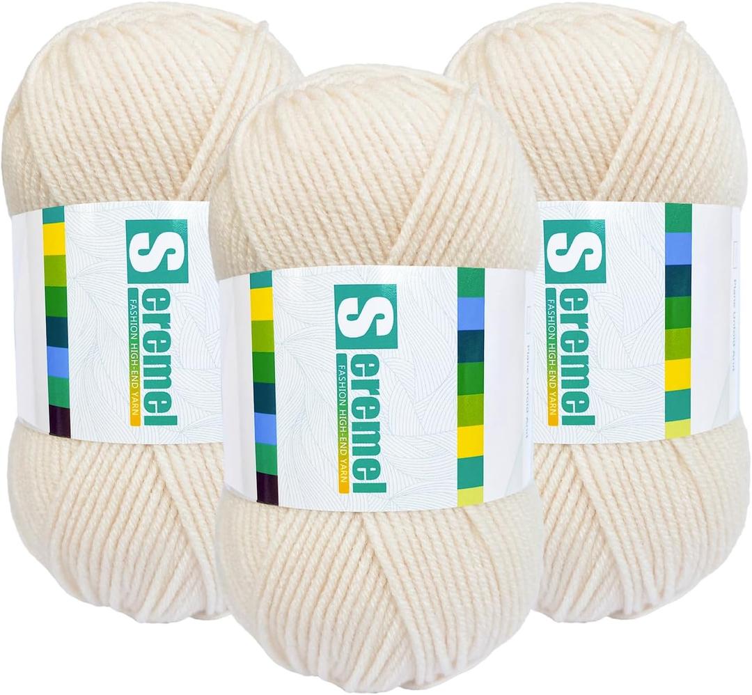 150g (3x50g) 3 Pieces of Mixed/Solid Color Crochet Knitting and Handicraft Yarn in Bulk, Fluffy and Soft, Worsted 100% Acrylic Yarn (Rice White)