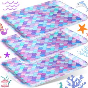 Zubebe 3 Pcs 13 x 10 Inch Mermaid Serving Trays and Platter Ocean Theme Serving Dishes Reusable Mermaid Birthday Party Decoration for Food Snacks Cookies Dessert