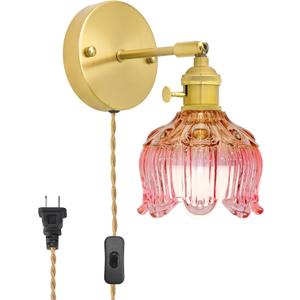 Plug in Wall Sconces,Plug in Wall Lamp, Vintage Wall Light with Pink Tulip Glass Lampshade, 3-Way Dimmable with Dual Switches, No Wiring Needed for Bedroom Wall Decor and Hallway