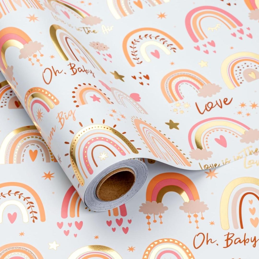 2 x Burymento Rainbow Wrapping Paper, Boho Gold Foil Themed Gift Wrap for Birthday, Valentines, Mothers day, Graduation, Wedding, Fathers day, Baby Shower, Christmas (17 IN x 32.8 FT)