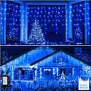 FLVOECN 480 LED 49FT Christmas Lights Plug in 8 Modes with Timer Dimmable Christmas Decorations Outdoor Waterproof Indoor Curtain String Lights for Roof Porch Garden Holiday Wedding Party Decor Blue