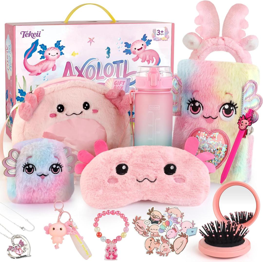 Axolotl Gifts for Girls, Axolotl Toys with Fluffy Diary, Sticker, and More Stuff - Gifts for Kids 6-8 Year Old, Christmas Birthday for Girls Age 3 4 5 6 7 8 9 10 Years Old