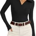 WIHOLL Womens Polo Shirts Long Sleeve Business Casual Tops Collared V Neck Ribbed Knit Sweater Slim Fit Blouses, M