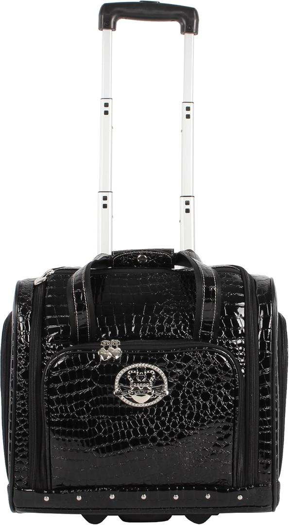 Kathy Van Zeeland Croco PVC Designer Underseat Luggage - 15 Inch Carry On Suitcase for Women- Lightweight Under Seat Bag with 2-Rolling Spinner Wheels (Black)