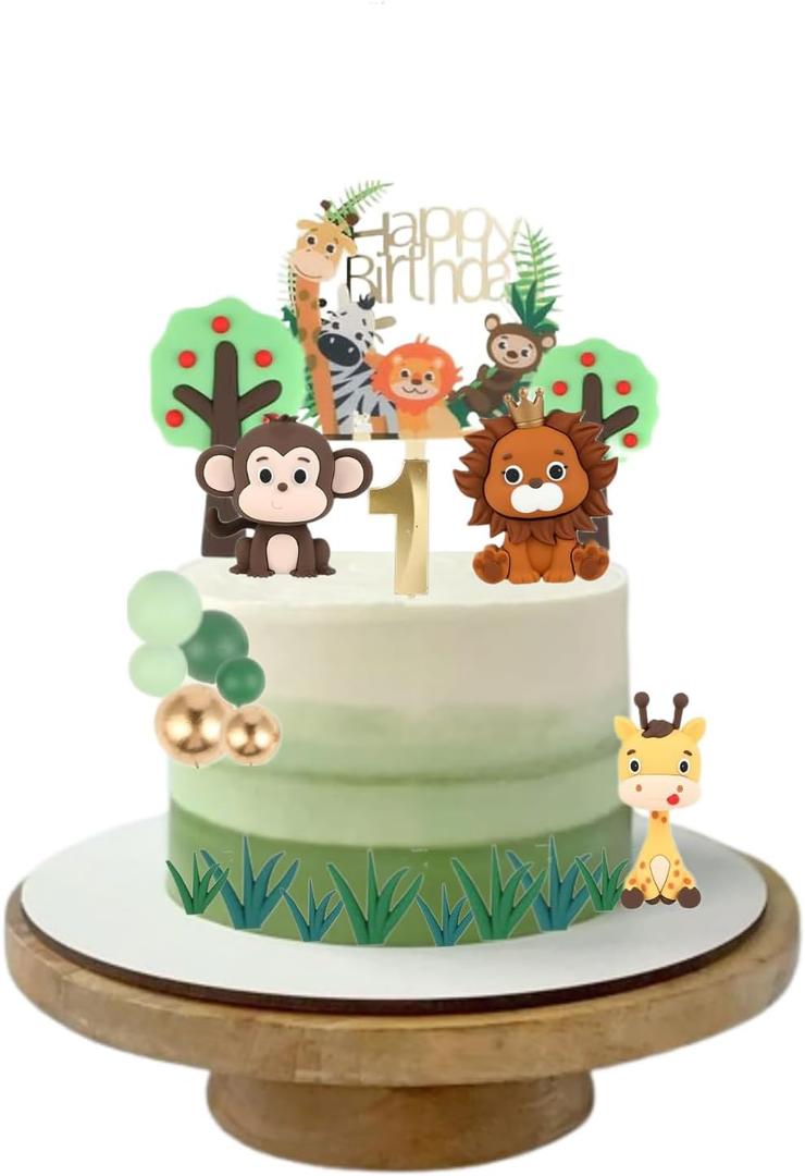 21Pcs 1st Safari Animals Cake Toppers Jungle Party Decorations Include Banner, Jungle Trees Decoration Cakes Balls, Animal Themed Happy Birthday Baby Shower Decor