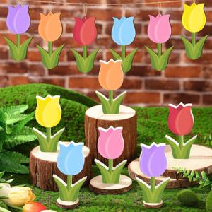 Panelee 30 Pcs Easter Tulip Decorations 6 Spring Tiered Tray Decor 24 Wooden Tulip Hanging Ornaments for Tree Spring Flower Wood Signs Easter Centerpieces for Table Home