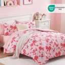 AMBERSPACE Twin XL Comforter Set for Girls, Pink Bow Bedding Set with Cute Floral, All Season Kids Dorm Bed in a Bag 5 Pieces with Sheets, Pillowcase & Sham