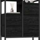 Furnulem 5 Drawer Black Dressers for Bedroom 2 Tier Shelf Storage Small Fabric Dresser for Closet Sturdy Metal Frame Modern Style Storage Cabinets Organization Units for Hallway Rooms