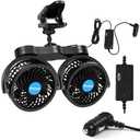 Alagoo 12V Car Fan, Adjustable 4 Inches Dual Head Car Clip Fan for Front/Rear Seat Passenger, 360° Rotatable Cars Fans with Stepless Speed Regulation for Car/Vehicle SUV, RV