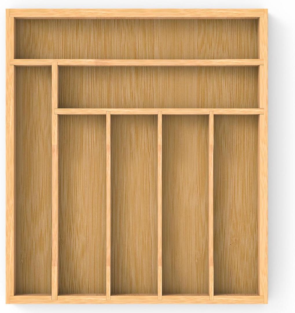 Bamboo Silverware Organizer Drawer Tray, 7-Compartment Utensil Drawer Organizer for Kitchen & Office, Flatware Holder for Forks, Spoons, Cutlery