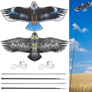 Qualirey 2 Sets Bird Scaring Eagle Flying Kite Bird Scarer Flying Kite Crops Farm Protector Simulated Eagle Scare Device with 12.63 ft Pole for Outdoor Home Yard (Beige Gray,White)