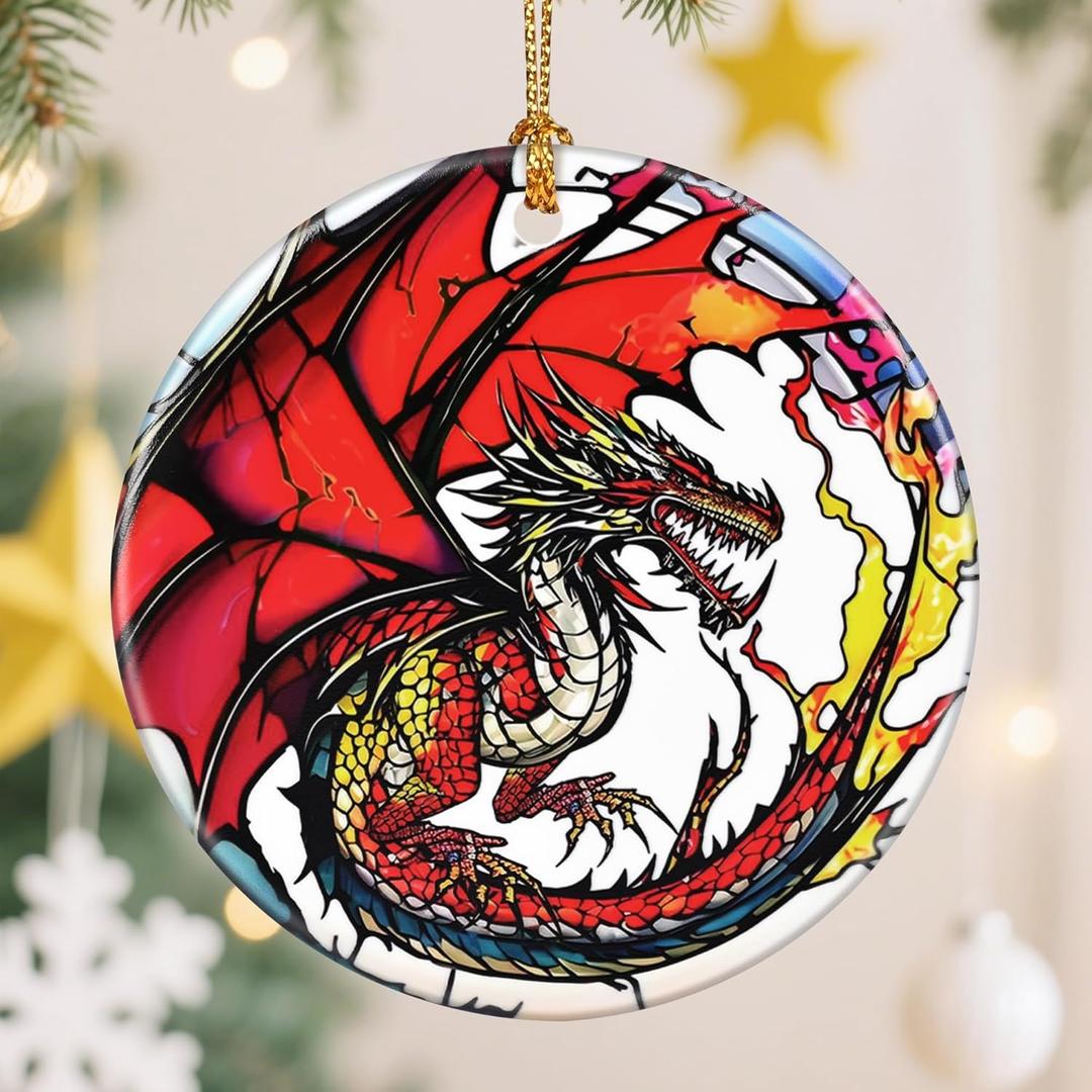 4 x Ceramic-Style Christmas Tree Decorations, Christmas Ornaments, Double-Sided Printed Ornament Keepsakes, Holiday Decor. Xmas Gifts, Gifts for Dragon Lovers - Dragon-Themed