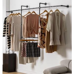 Industrial Pipe Clothing Rack, Hanging Garment Rack, Wall Mounted Pipe Clothes Rack with Four Hanging Rods, Heavy Duty Garment Rack, Industrial Steampunk Closet Organizer Hall Tree (Metal Pipes-Black)