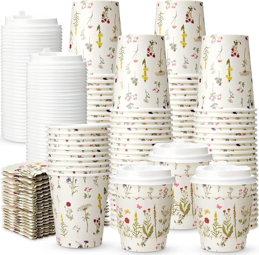AmazingSpark 100 Sets 8oz Floral Disposable Coffee Cups with Lids and Sleeves Wildflower Paper Hot Coffee Cups for Spring Party Wedding Reception Baby Shower Bride's Birthday Party (Wildflower)