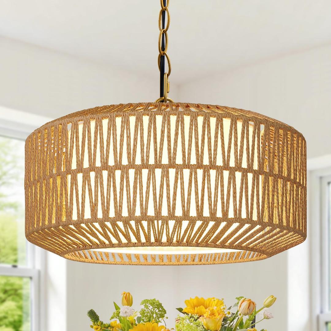 Farmhouse Chandelier Light Fixture, 5-Light Rattan Boho Chandeliers for Dining Room, Hand Woven Pendant Light with Linen Shade, Rustic Hanging Lighting for Kitchen Island, Bedroom (Bulb Not Included)