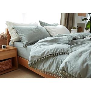 TanNicoor Pom Fringe Duvet Cover Set - 2 Piece Natural Ultra SOFE Color Washed Microfiber Bedding Set, Modern Style Down Comforter Quilt Cover with Zipper Closure(Twin 66*90)