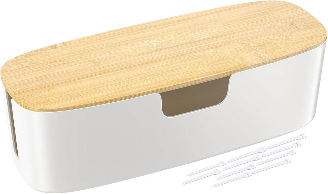 Large Cable Management Box  Cord Organize Box with Bamboo lid for Safe Home & Office, Cord Hider for Power Strip Under Desk, Cover TV Wires, Child & Pet Proof Cord Box, White