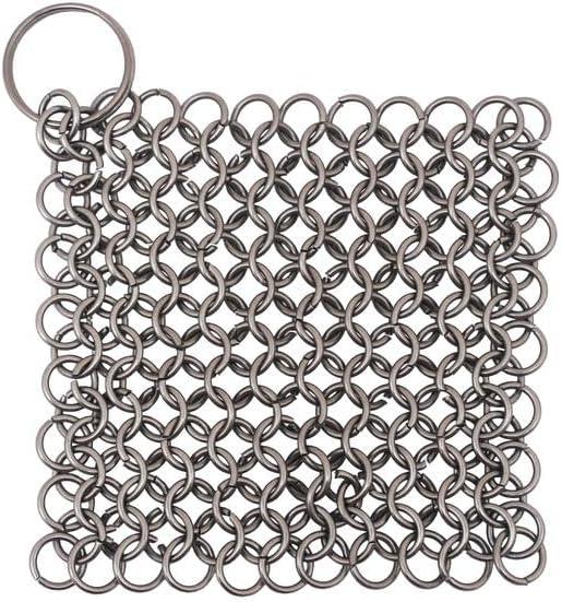 Mythrojan Cast Iron Scrubber 316 Stainless Steel Skillet Cleaner 3.9"x3.9" Chainmail Scrubber Chain Mail Scrub with Hanging Ring for Cast Iron Pre-Seasoned Pans, BBQ Grills Cookware Utensils Cleaning (10 X 10cm)