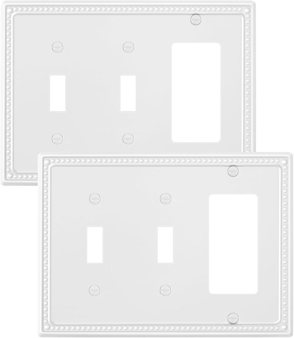 2-Pack Combo Decorator/Double Toggle Light Switch Cover Plate, Pure White Pearls Decorative Switch Plates and Outlet Covers, Metal Wall Plates for Electrical Outlets