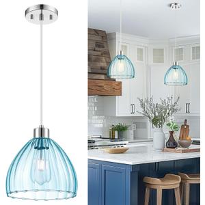 Emliviar 1-Light Blue Pendant Light Fixture for Bedroom, Modern Pendant Light for Kitchen, Unique Glass Cover with Chrome Finish, HE289G2-MIL CH