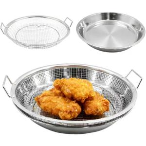 9.8" Kitchen Oil Filter Tray - Stainless Steel Air Fryer Mesh Pan, Draining Basket Accessories for Fried Food, Net Strainer Colander for Barbecue, Grill, Vegetable, Dessert (Silver)