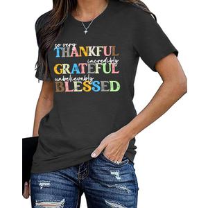 Thanksgiving Shirt for Women Fall Pumpkin Bow T-Shirt Funny Thankful Blessed Tee Tops (L)