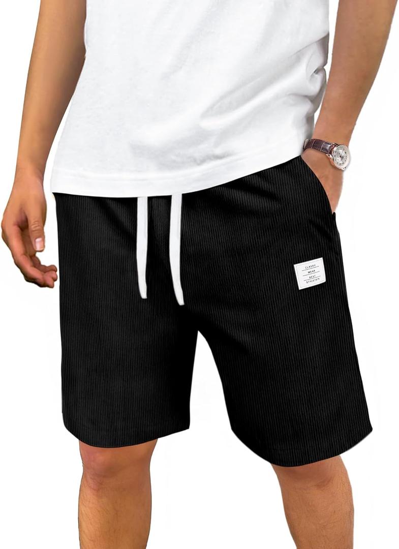Men's Corduroy Shorts Casual Elastic Drawstring Lightweight Summer Beach Shorts with Pockets (Black, M)
