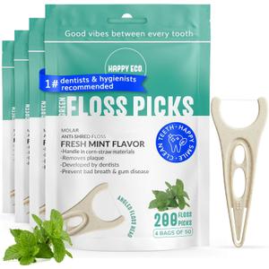 Dental Floss Picks (200pcs) - Flossers for Adults, Vegan Corn-Straw Grip Handle, Superior Oral Care & Anti-Shred Thread, Dental Hygiene, Tooth Pick Sticks, Teeth & Gum Health (Mint, Single Thread) (50 Count (Pack of 4))