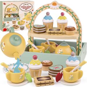 Wooden Tea Sets for Little Girls Play Food Cake Toys Toddlers 3-5 Kitchen Accessories Pretend Play Princess Playset for 3 4 5 6 Year Old Girl Boy Party Birthday Gift