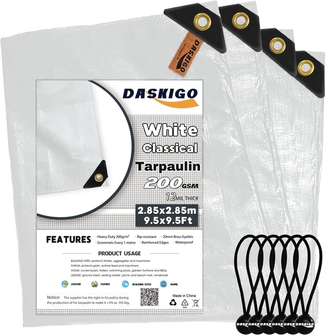 10 x 10Ft Extra Super Heavy Duty 12 Mil Thick Waterproof White Tarp Cover Sheet & 6 Pcs Bungee Balls