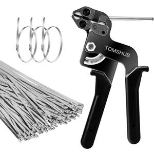 Stainless Steel Cable Tie Gun with 100 Pcs 11.8 inch Metal Zip Ties Tool, Heavy Duty Self-locking Cable Tie Gun Kit for Fastening and Cutting Fence Exhaust Pipe Outdoor